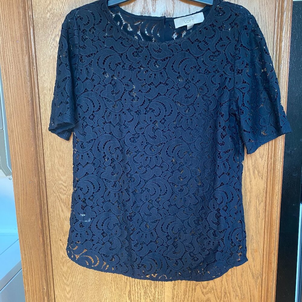 Short Sleeve Loft Lace Sheer  Blouse Size M very good condition